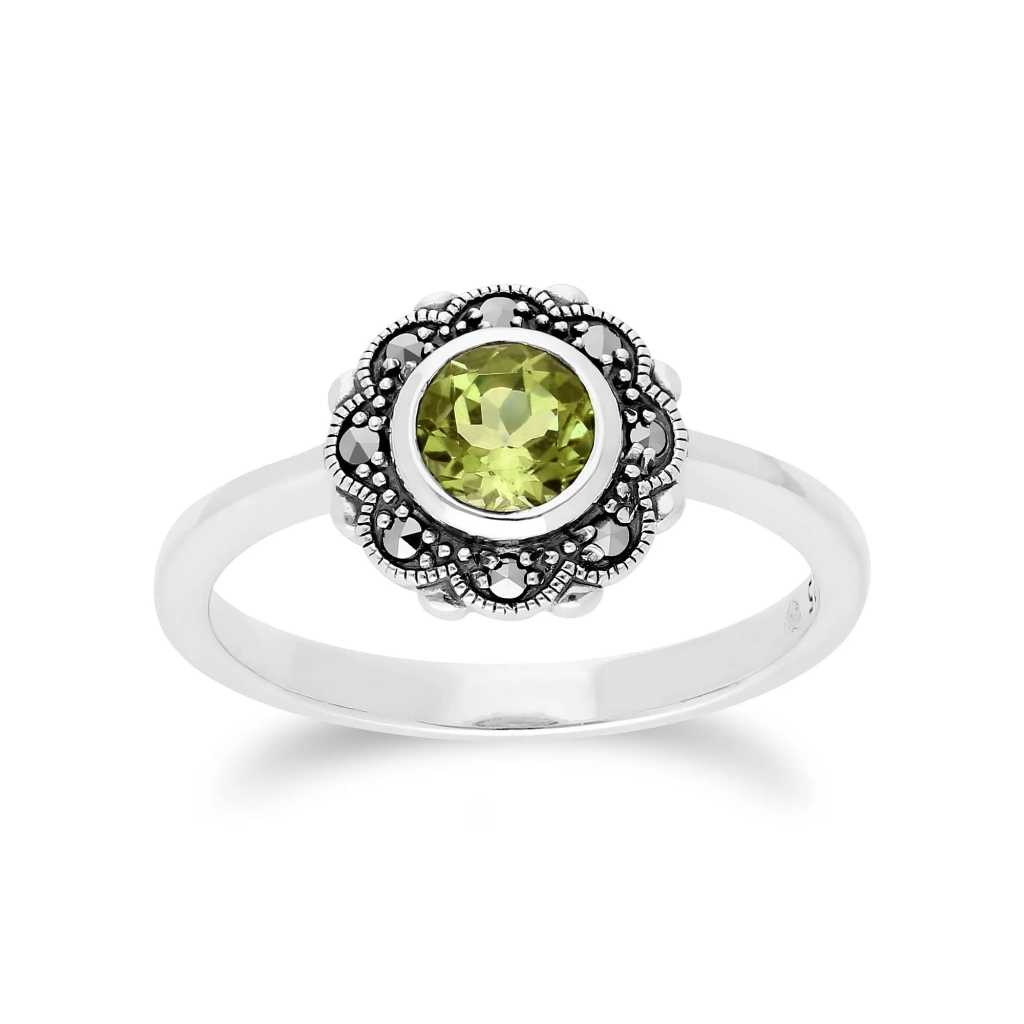 Floral Round Peridot & Marcasite Halo Ring in 925 Sterling Silver sold by Gemondo Jewellery