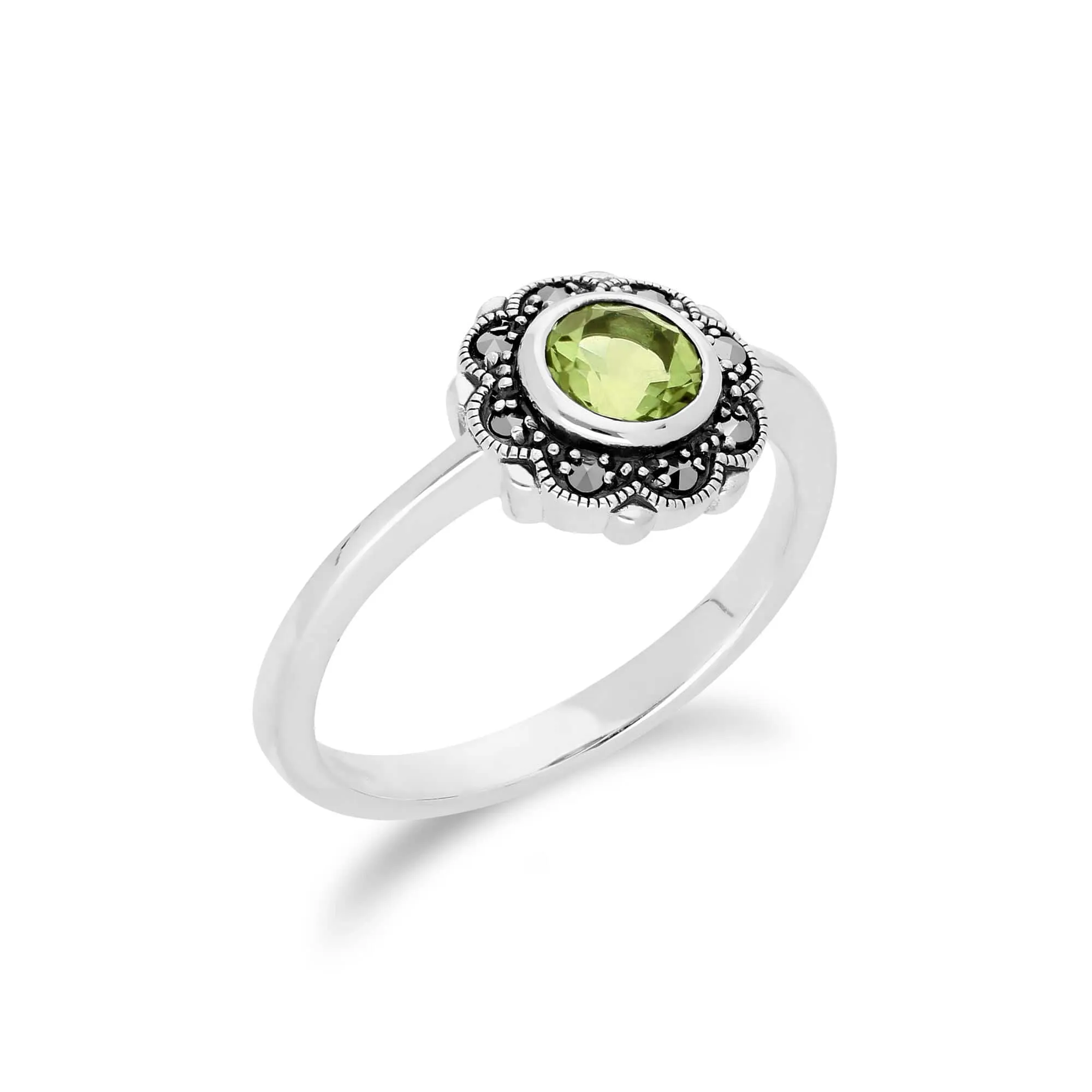Floral Round Peridot & Marcasite Halo Ring in 925 Sterling Silver sold by Gemondo Jewellery product image thumbnail 2