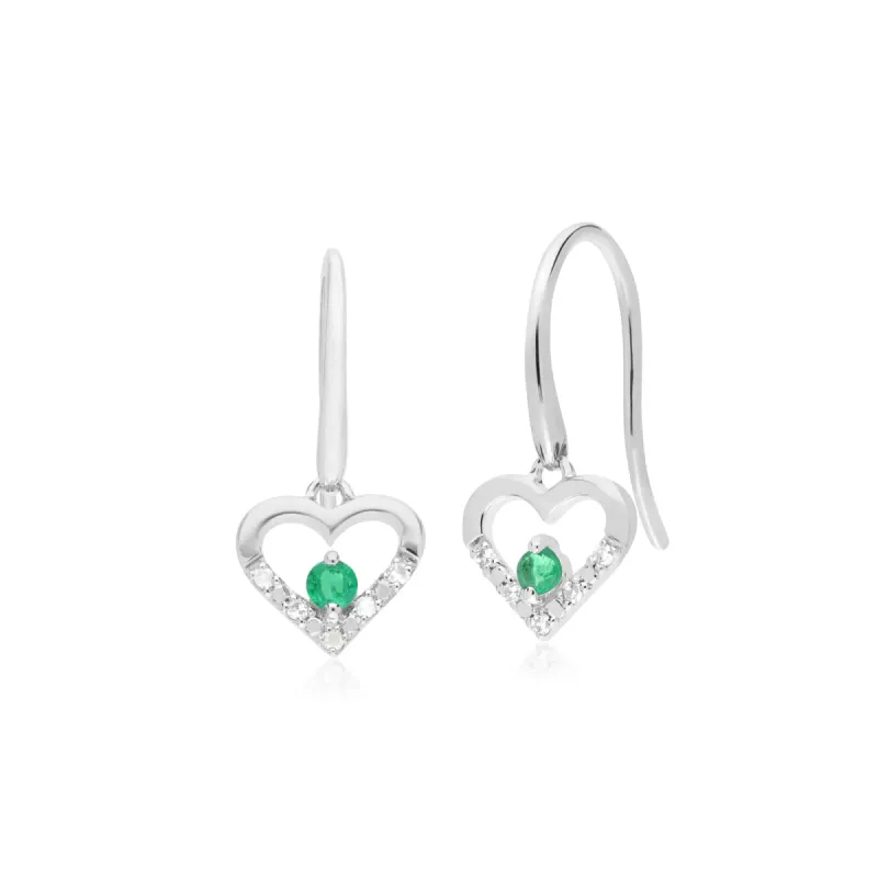 Classic Round Emerald & Diamond Love Heart Shaped Drop Earrings in 9ct White Gold sold by Gemondo Jewellery