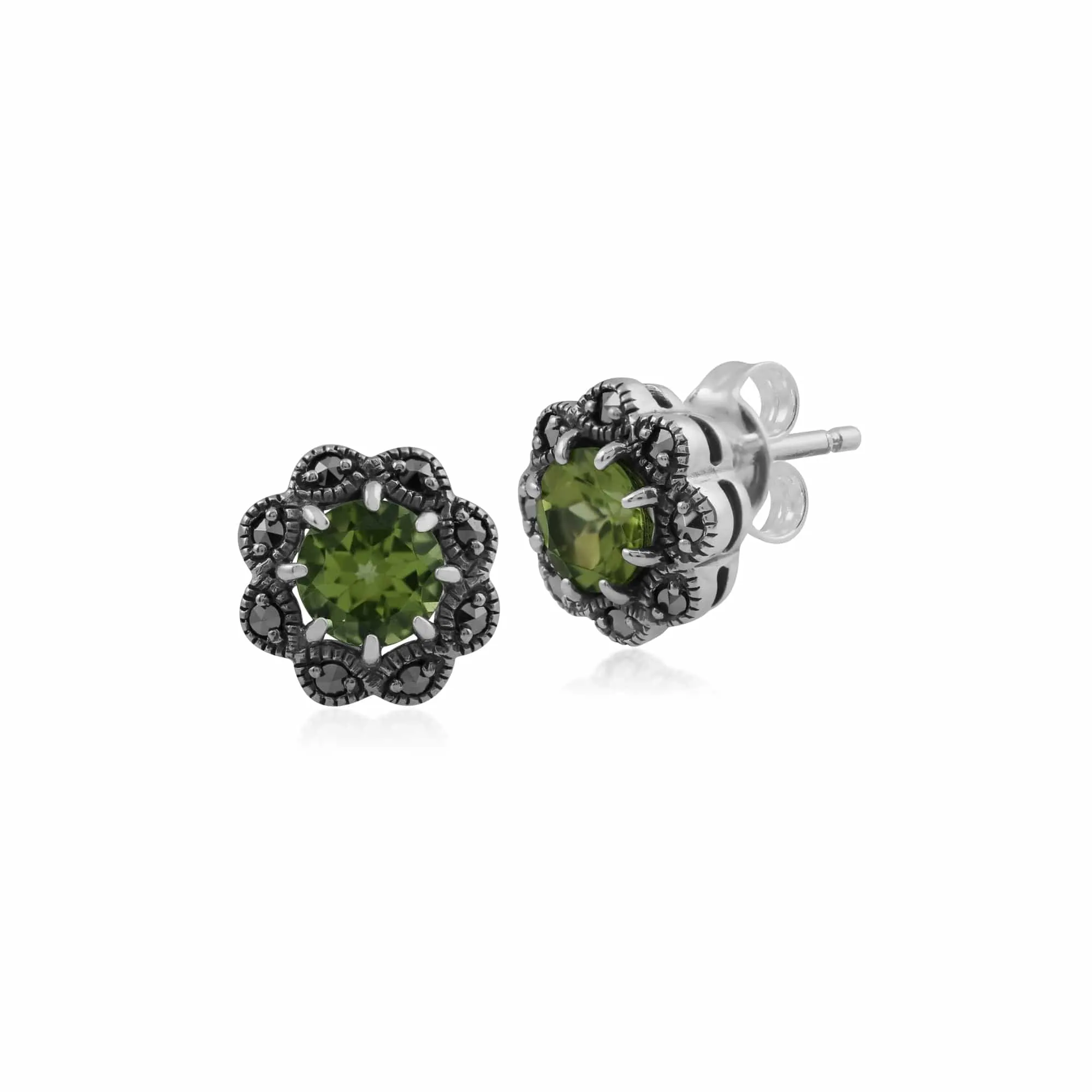 Floral Round Peridot & Marcasite Cluster Stud Earrings in 925 Sterling Silver sold by Gemondo Jewellery