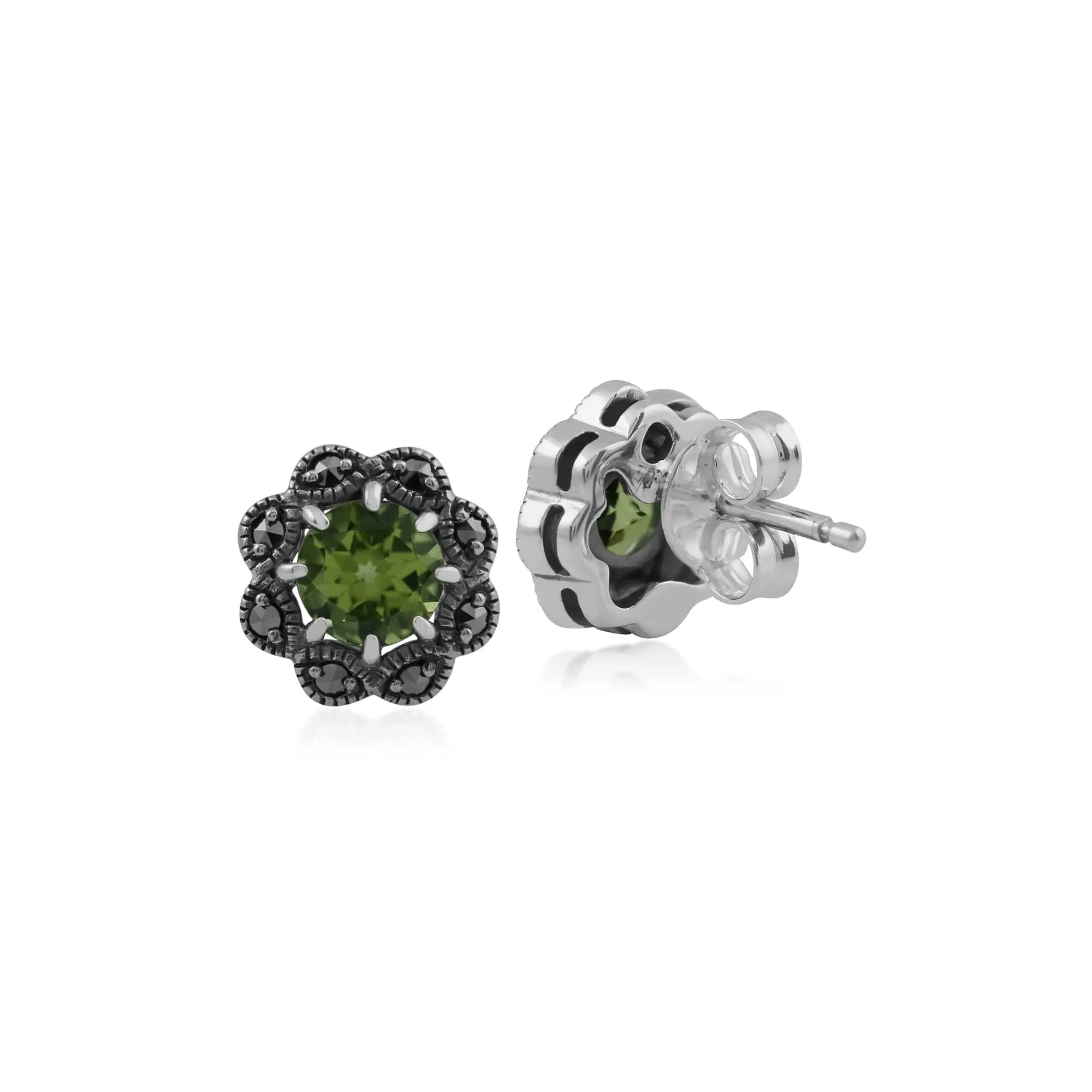 Floral Round Peridot & Marcasite Cluster Stud Earrings in 925 Sterling Silver sold by Gemondo Jewellery product image thumbnail 2