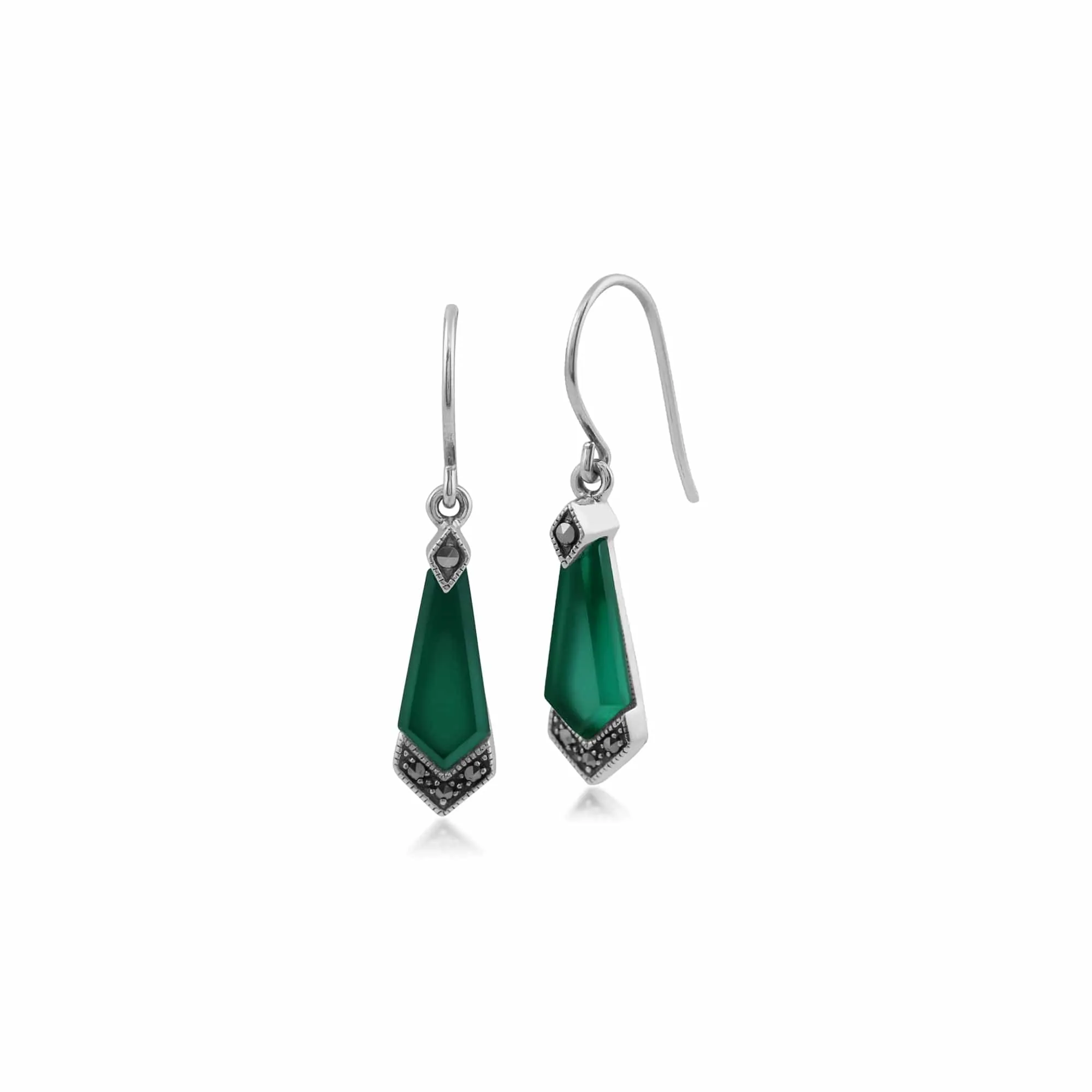 Art Deco Style Green Chalcedony & Marcasite Kite Drop Earrings in 925 Sterling Silver sold by Gemondo Jewellery