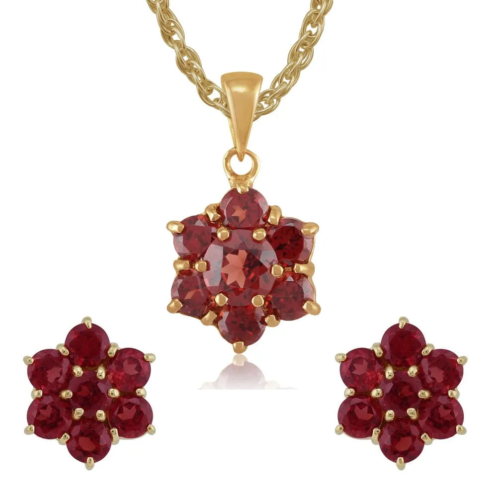 Floral Round Garnet Flower Cluster Stud Earrings & Pendant Set in 9ct Yellow Gold sold by Gemondo Jewellery