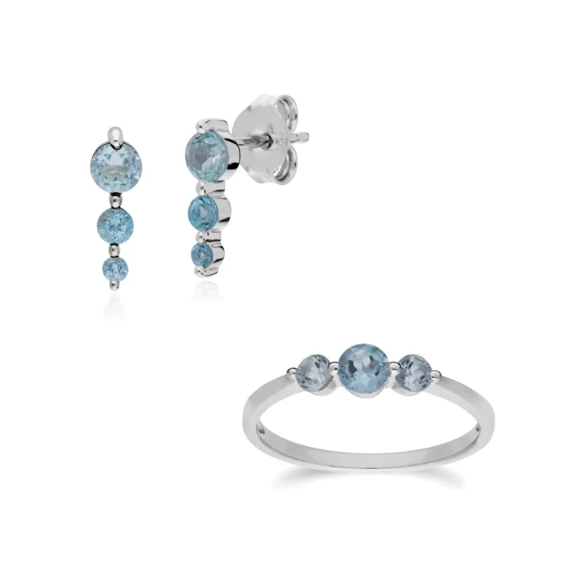 Classic Round Blue Topaz Three Stone Gradient Earrings & Ring Set in 925 Sterling Silver sold by Gemondo Jewellery