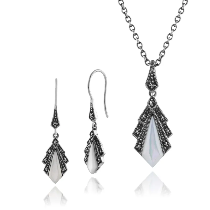 Art Deco Style Style Mother of Pearl & Round Marcasite Fan Drop Earrings & Pendant Set in 925 Sterling Silver sold by Gemondo Jewellery