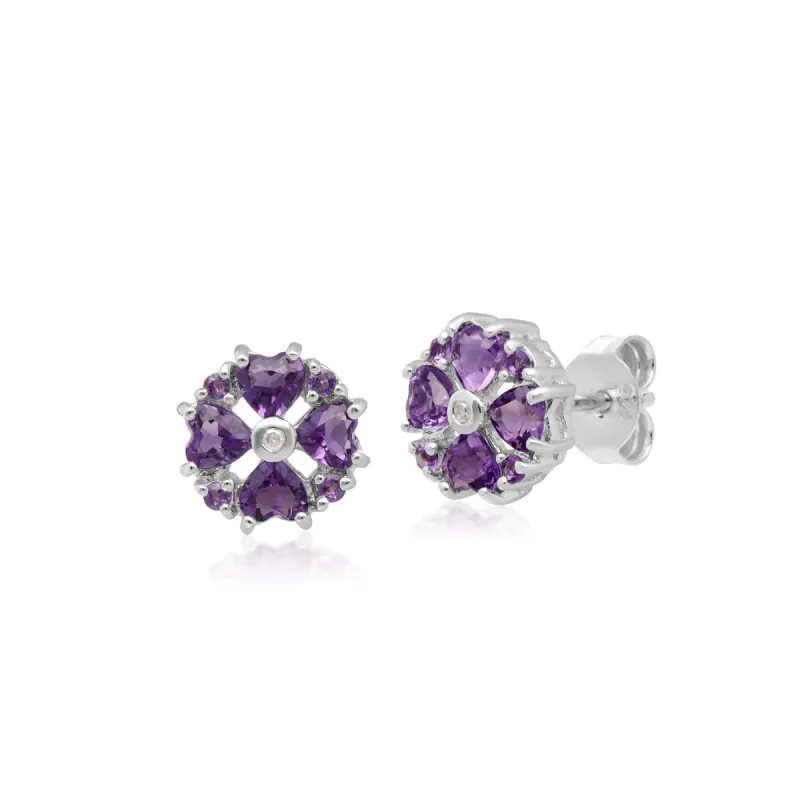 Classic Heart Amethyst & Diamond Stud Earrings in 9ct White Gold sold by Gemondo Jewellery