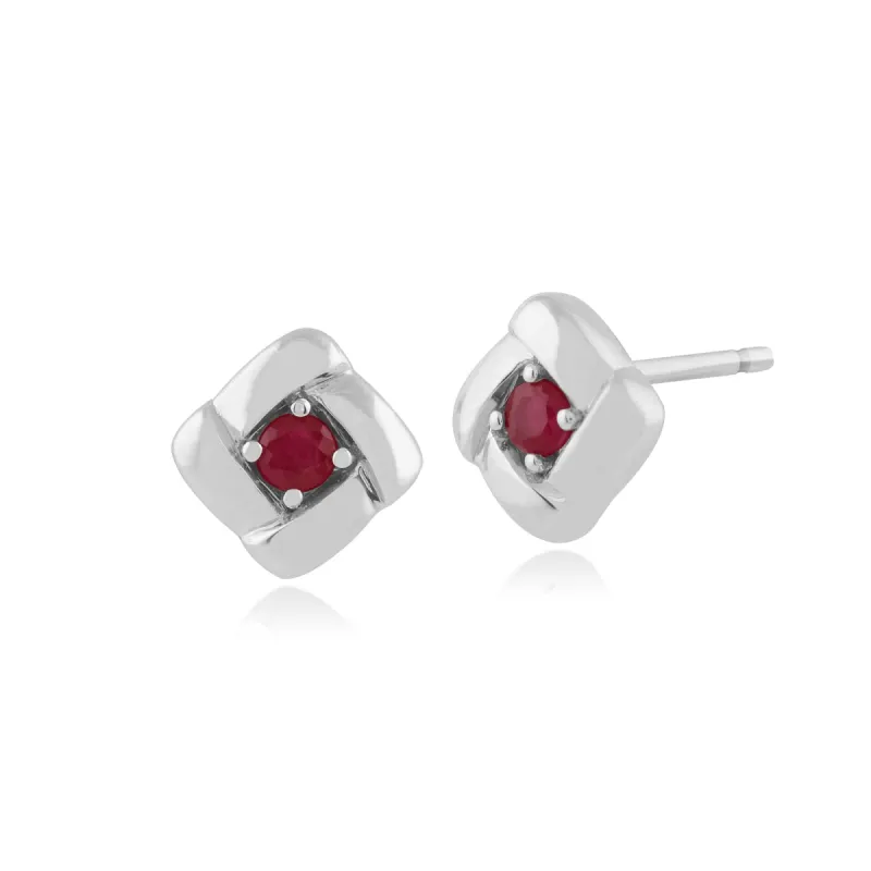 Classic Ruby Square Crossover Stud Earrings in Sterling Silver sold by Gemondo Jewellery