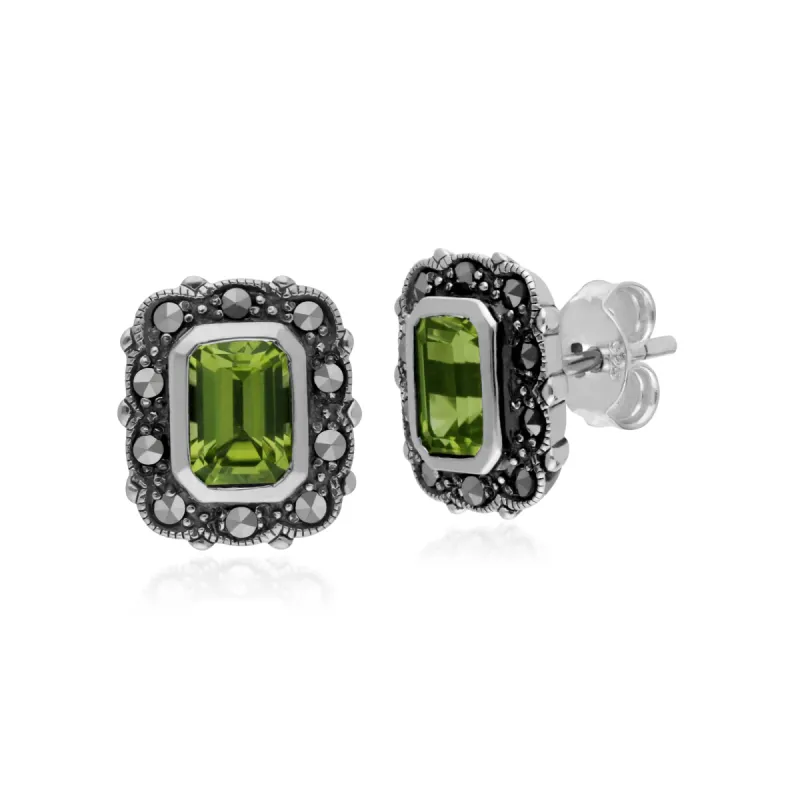 Gemondo Sterling Silver Peridot & Marcasite Octagon Art Nouveau Stud Earrings sold by Gemondo Jewellery