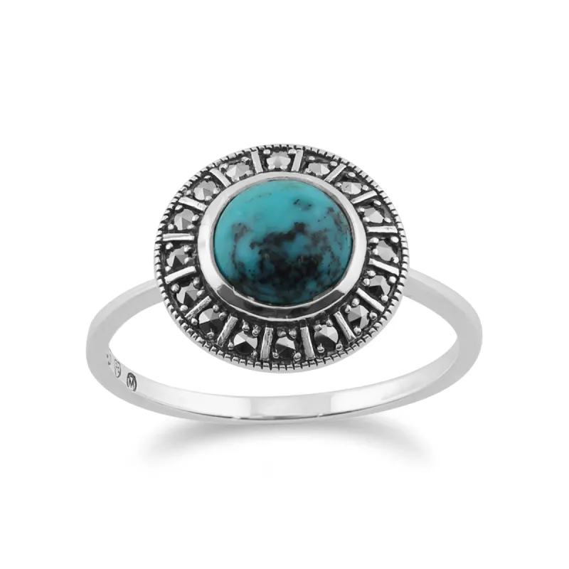 Art Deco Style Round Turquoise Cabochon & Marcasite Halo Ring in 925 Sterling Silver sold by Gemondo Jewellery