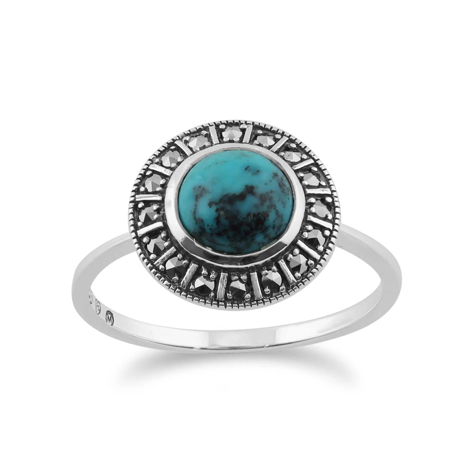 Art Deco Style Round Turquoise Cabochon & Marcasite Halo Ring in 925 Sterling Silver sold by Gemondo Jewellery