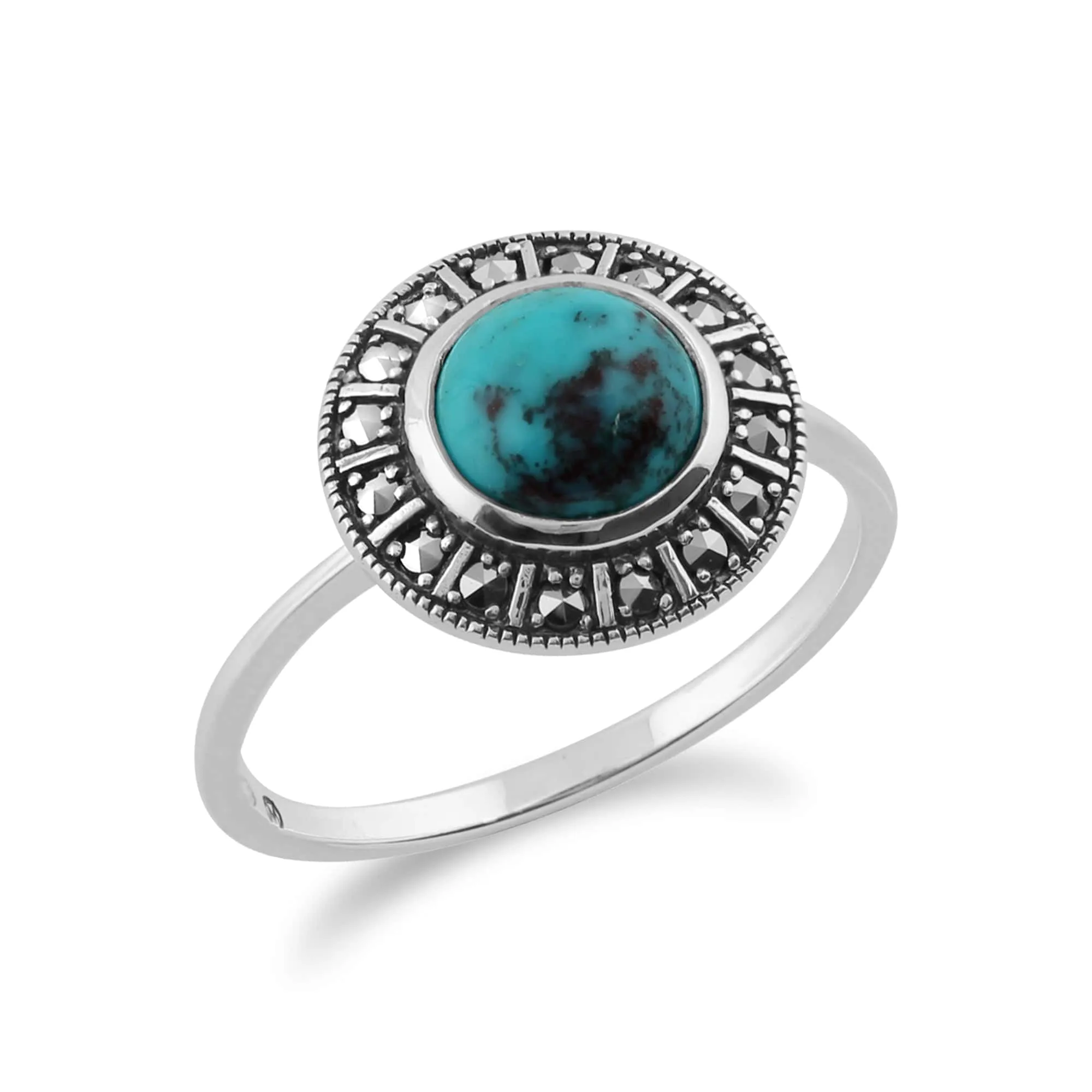 Art Deco Style Round Turquoise Cabochon & Marcasite Halo Ring in 925 Sterling Silver sold by Gemondo Jewellery product image thumbnail 2