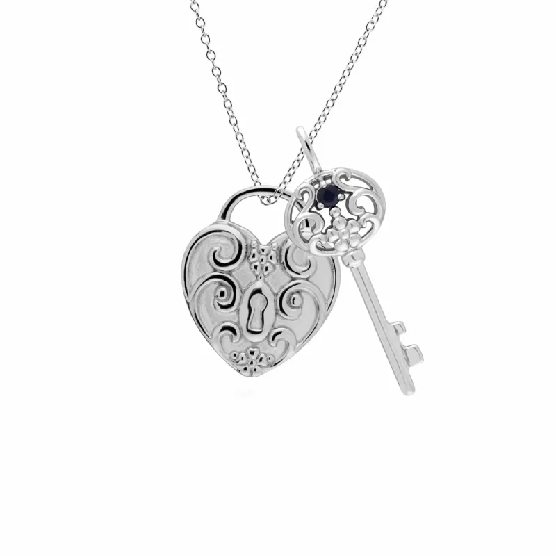 Classic Swirl Heart Lock Pendant & Sapphire Big Key Charm in 925 Sterling Silver sold by Gemondo Jewellery