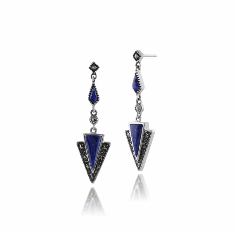 Art Deco Style Triangle Lapis Lazuli & Marcasite Drop Earrings in 925 Sterling Silver sold by Gemondo Jewellery
