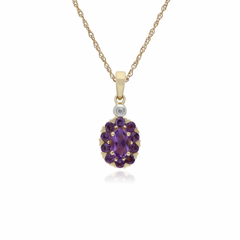 Gemondo 9ct Yellow Gold Amethyst & Diamond Oval Cluster Pendant on 45cm Chain sold by Gemondo Jewellery