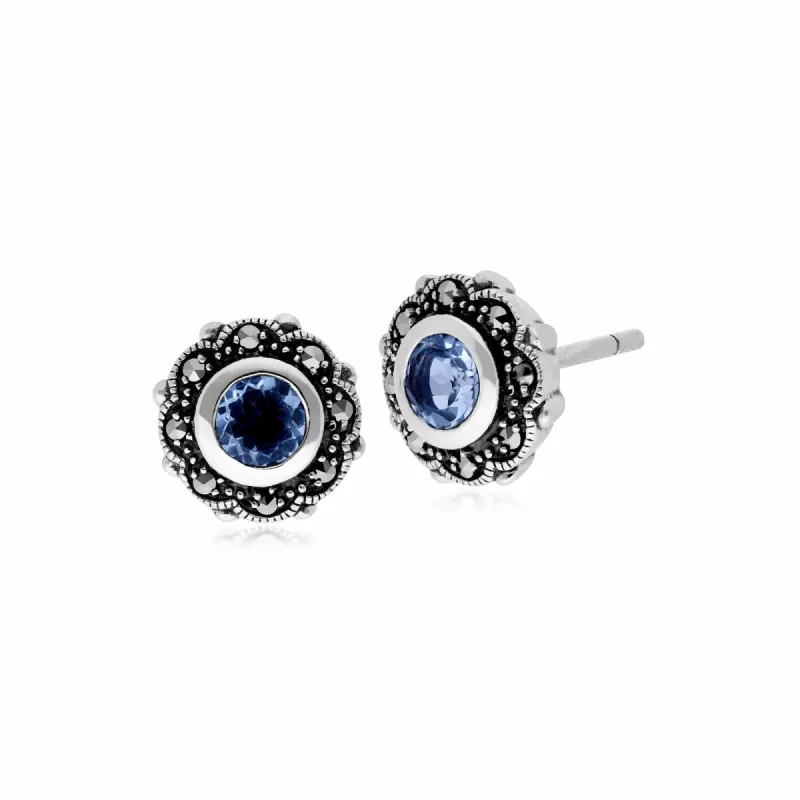 Art Nouveau Style Round Blue Topaz & Marcasite Floral Stud Earrings in 925 Sterling Silver sold by Gemondo Jewellery