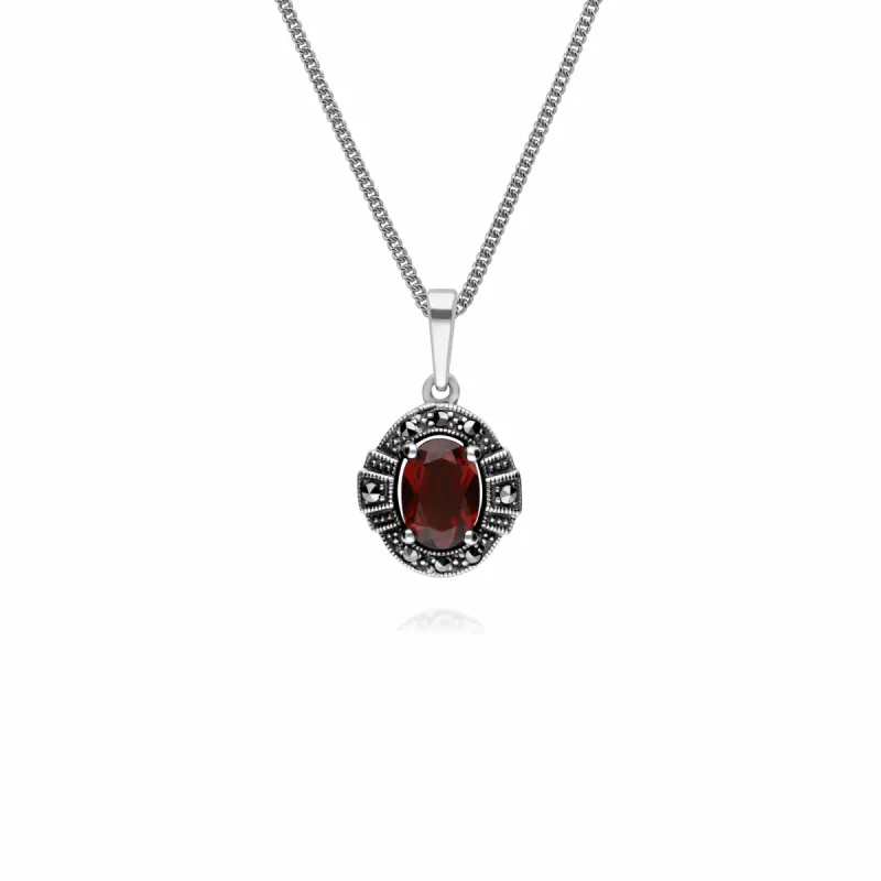 Art Deco Style Oval Garnet & Marcasite Halo Pendant in 925 Sterling Silver sold by Gemondo Jewellery