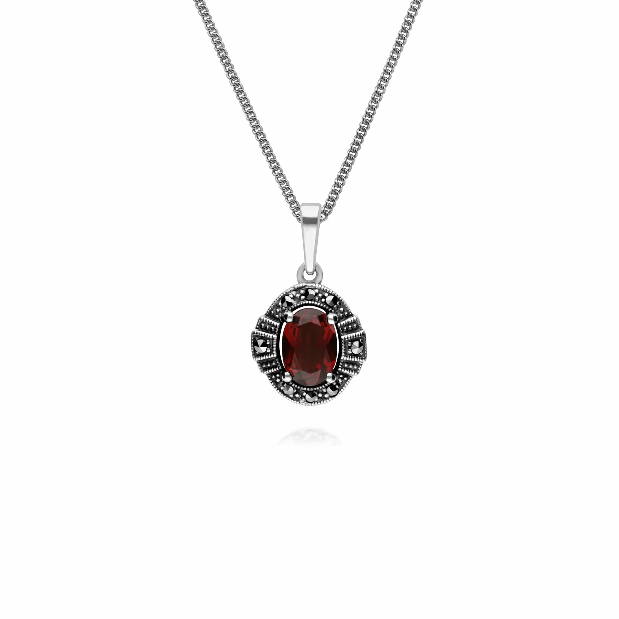 Art Deco Style Oval Garnet & Marcasite Halo Pendant in 925 Sterling Silver sold by Gemondo Jewellery