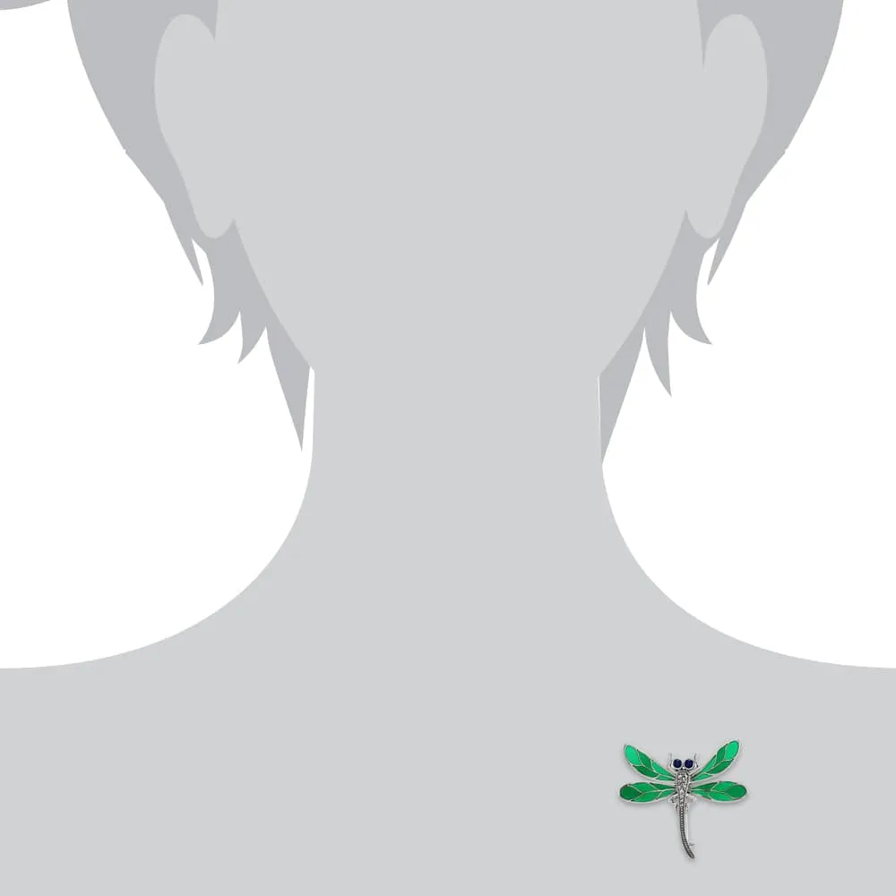 Art Nouveau Style Round Marcasite & Green Enamel Dragonfly Brooch in 925 Sterling Silver sold by Gemondo Jewellery product image thumbnail 3