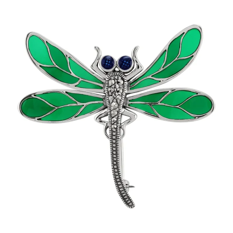 Art Nouveau Style Round Marcasite & Green Enamel Dragonfly Brooch in 925 Sterling Silver sold by Gemondo Jewellery