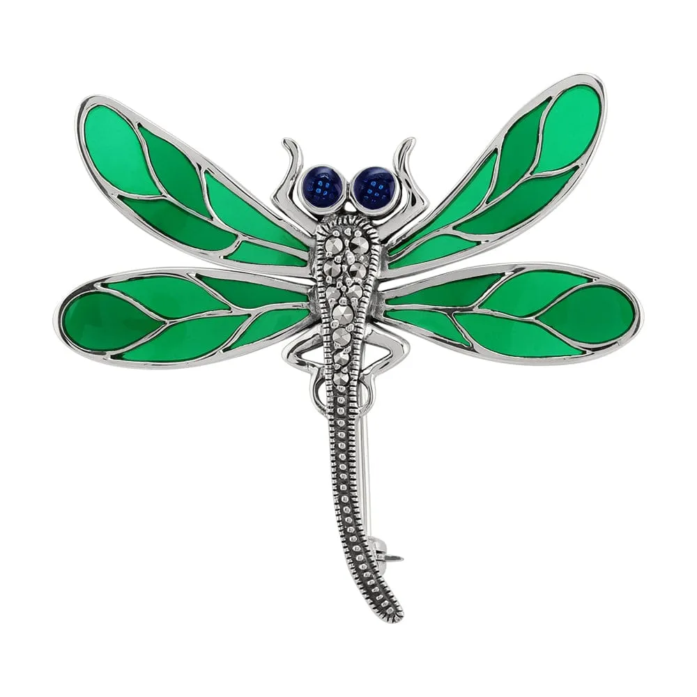 Art Nouveau Style Round Marcasite & Green Enamel Dragonfly Brooch in 925 Sterling Silver sold by Gemondo Jewellery