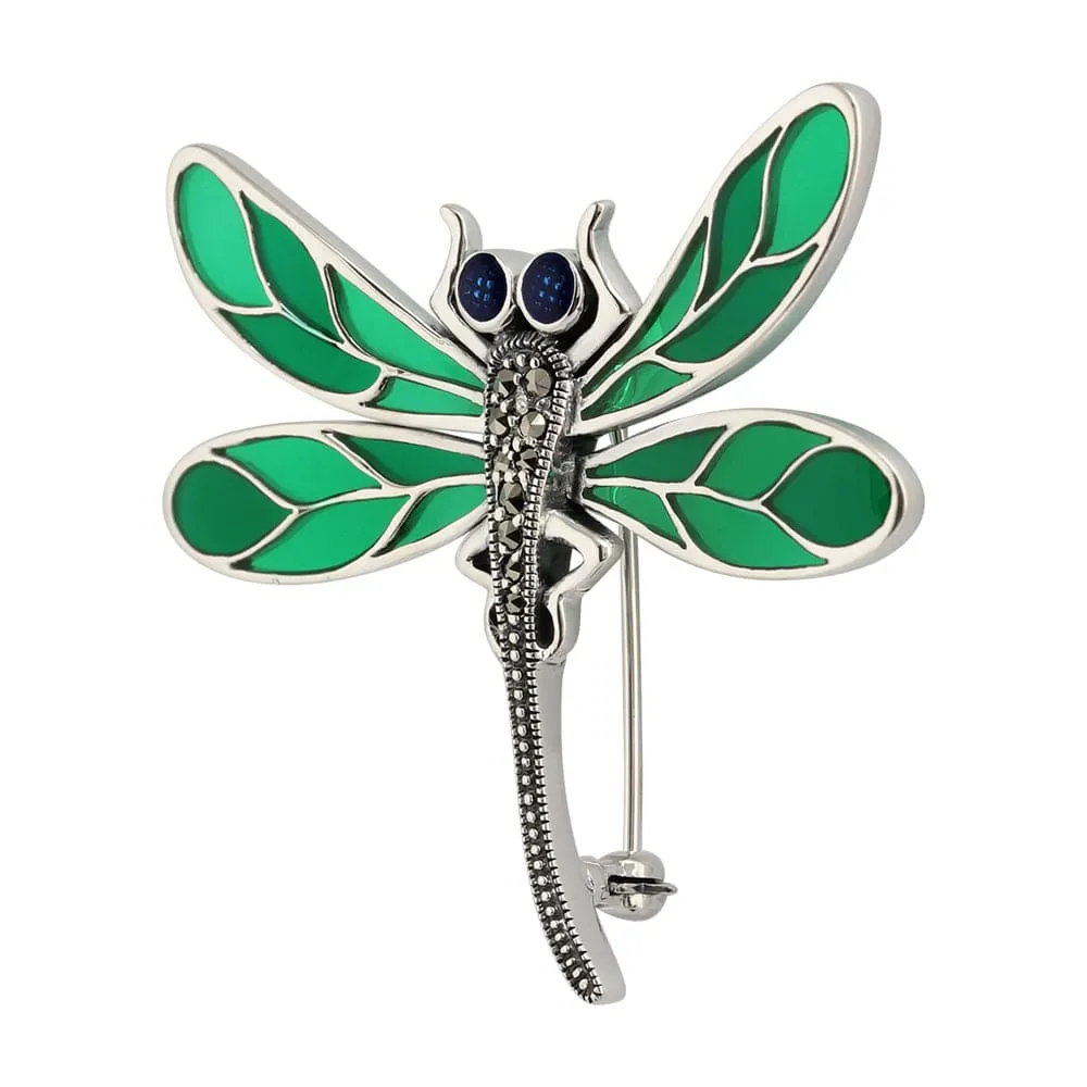 Art Nouveau Style Round Marcasite & Green Enamel Dragonfly Brooch in 925 Sterling Silver sold by Gemondo Jewellery product image thumbnail 2