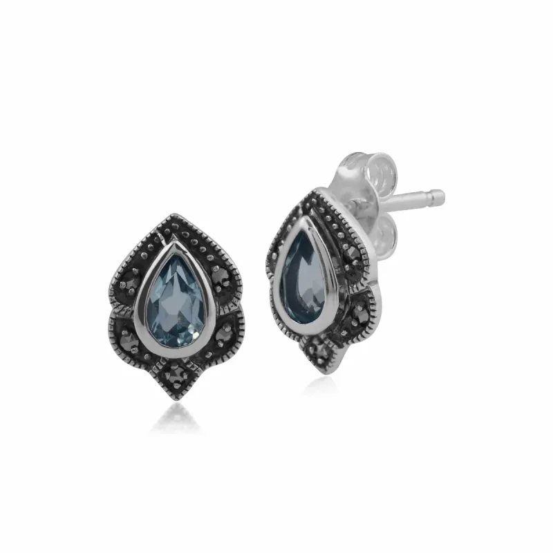 Art Nouveau Style Pear Blue Topaz & Marcasite Leaf Stud Earrings in 925 Sterling Silver sold by Gemondo Jewellery