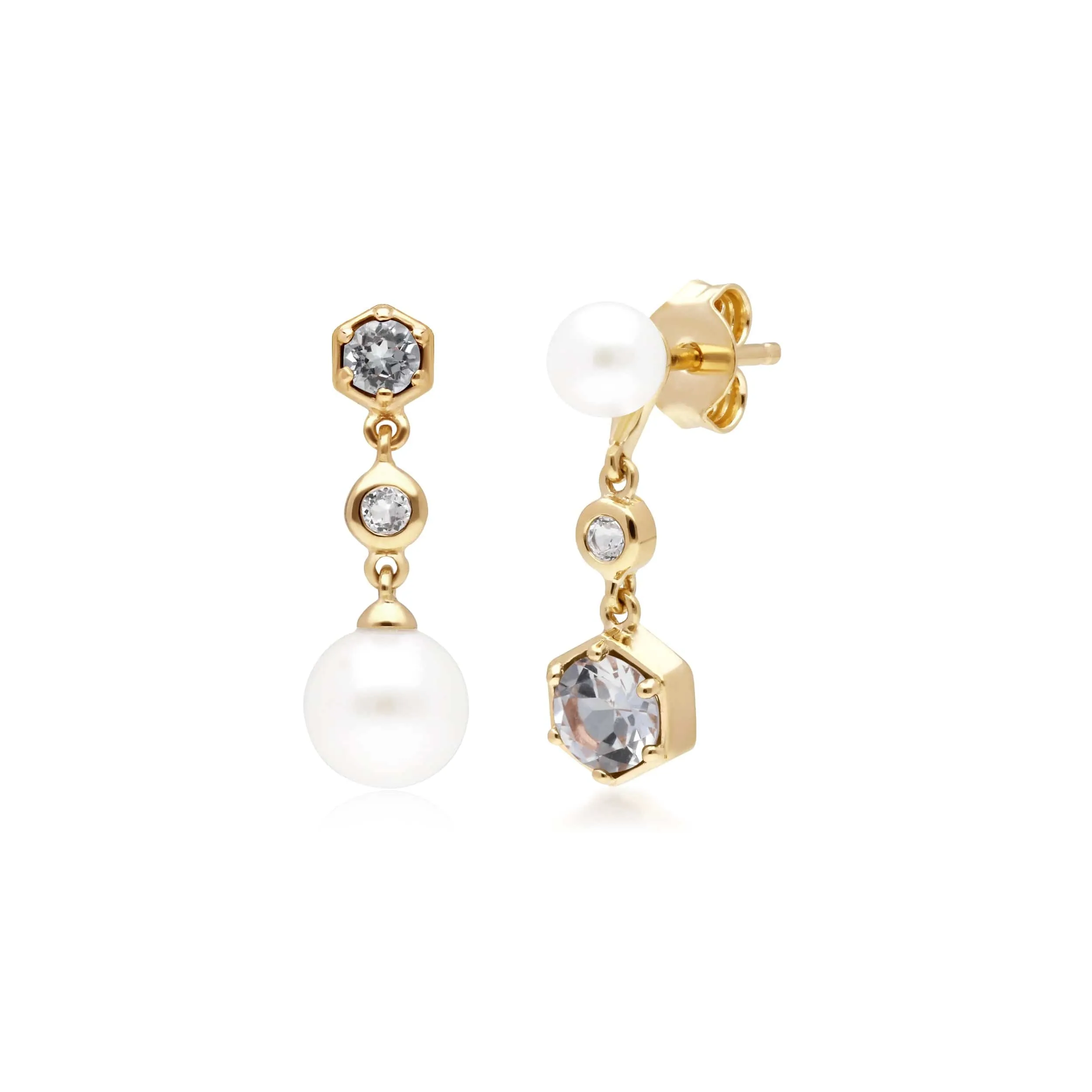 Modern Pearl, White Topaz Mismatched Drop Earrings in Gold Plated Silver sold by Gemondo Jewellery