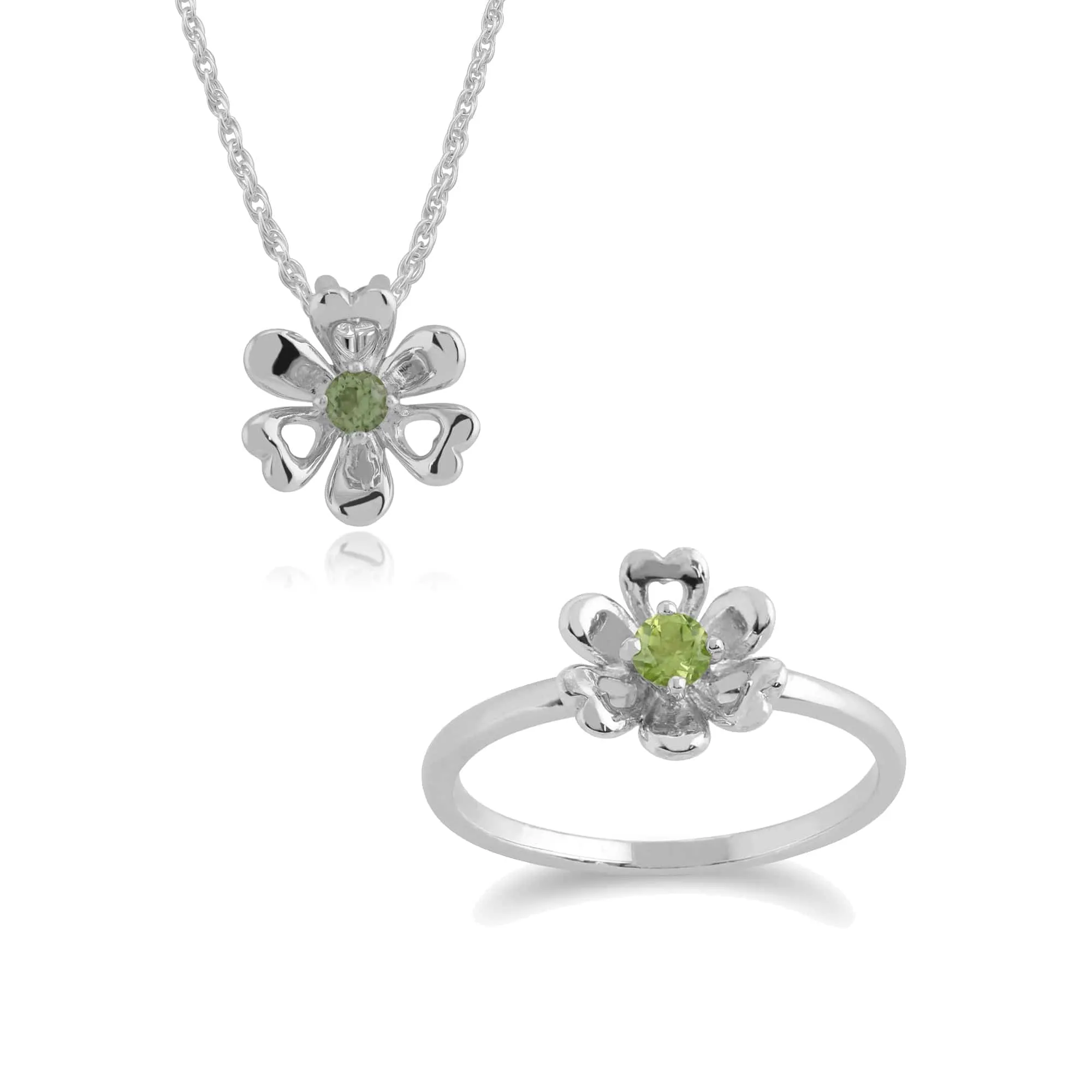 Floral Round Peridot Daisy Flower Pendant & Ring Set in 925 Sterling Silver sold by Gemondo Jewellery