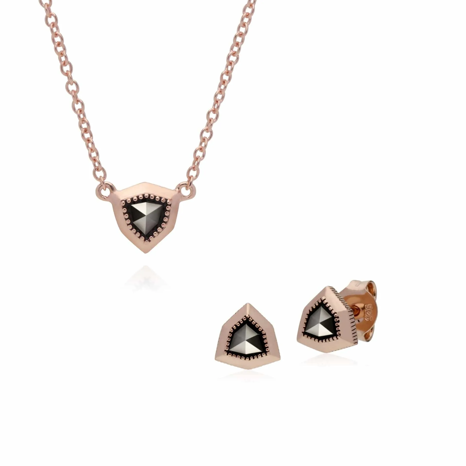 Rose Gold Plated Marcasite Shield Design Stud Earrings & Necklace Set in 925 Sterling Silver sold by Gemondo Jewellery