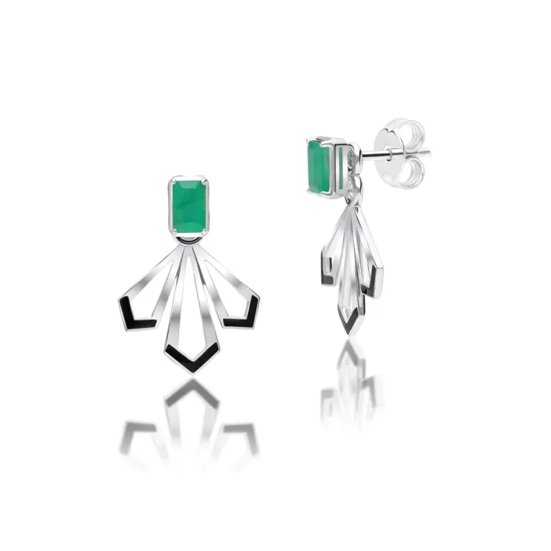 Grand Deco Emerald & Enamel Fan Earrings In Sterling Silver sold by Gemondo Jewellery