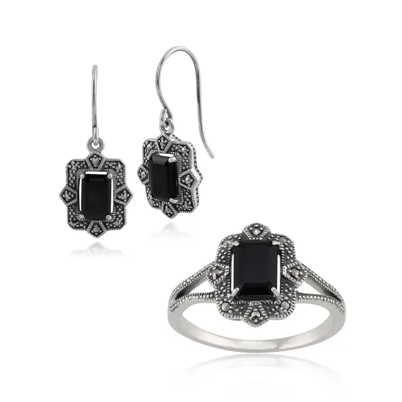 Art Deco Style Black Spinel & Marcasite Earrings & Ring Set In Silver sold by Gemondo Jewellery