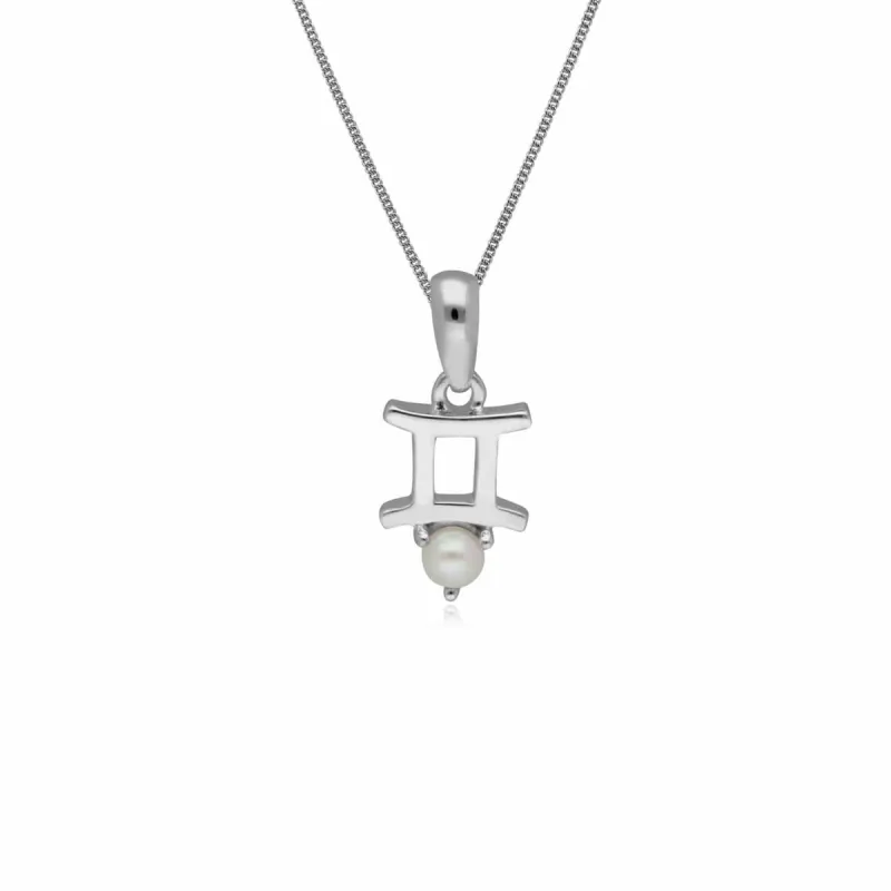 Pearl Gemini Zodiac Charm Necklace in 9ct White Gold sold by Gemondo Jewellery