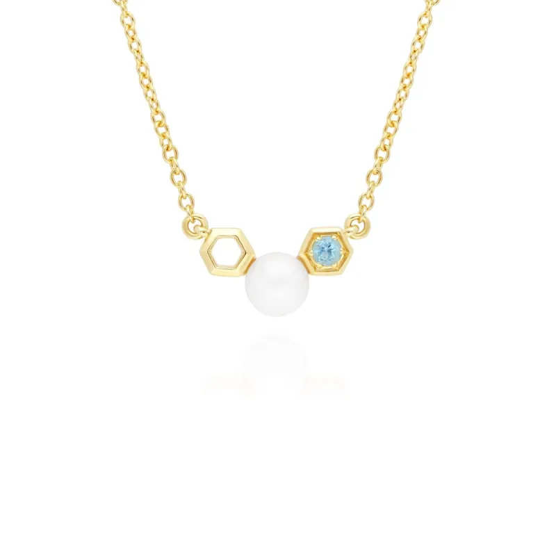 Modern Pearl & Blue Topaz Necklace in 9ct Yellow Gold sold by Gemondo Jewellery