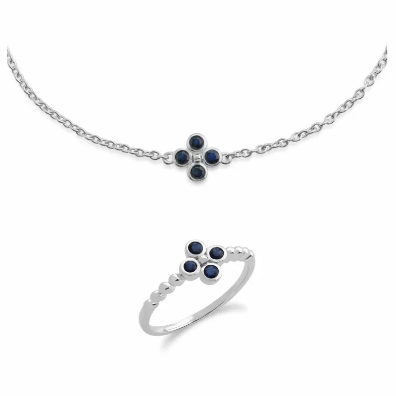 Floral Round Sapphire Clover Bracelet & Ring Set in 925 Sterling Silver sold by Gemondo Jewellery