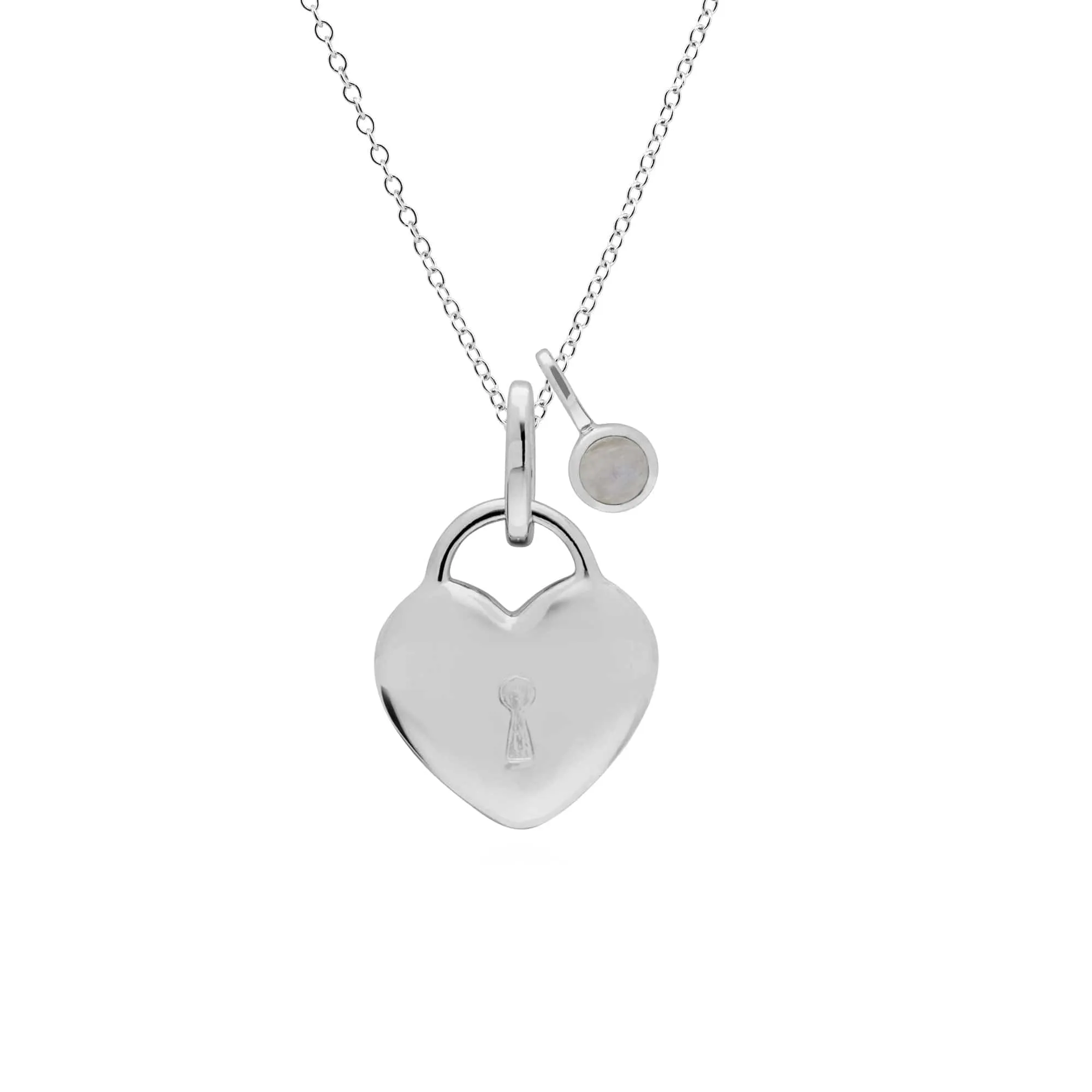 Classic Heart Lock Pendant & Rainbow Moonstone Charm in 925 Sterling Silver sold by Gemondo Jewellery