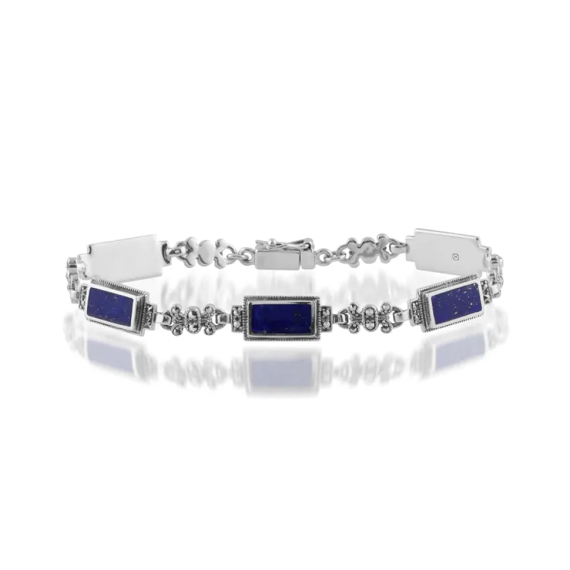 Art Deco Style Rectangle Lapis Lazuli & Marcasite Bracelet sold by Gemondo Jewellery