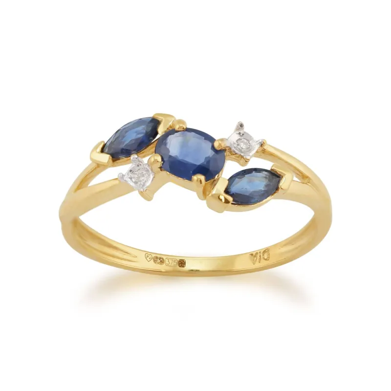 Contemporary Marquise Light Blue Sapphire & Diamond Three Stone Ring in 9ct Yellow Gold sold by Gemondo Jewellery