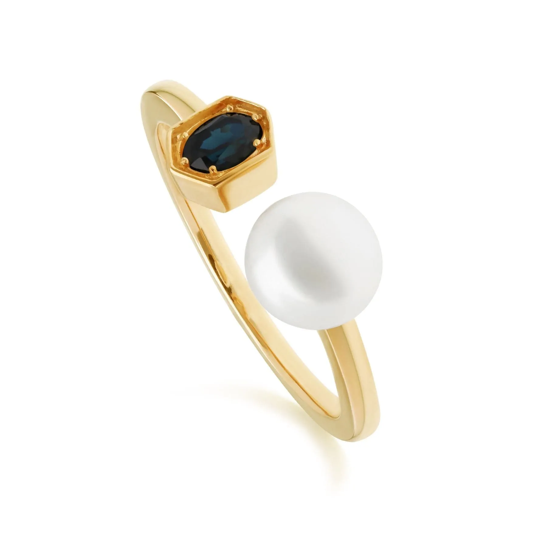 Modern Pearl & Sapphire Open Ring in Gold Plated Silver sold by Gemondo Jewellery