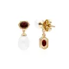 Modern Pearl & Garnet Mismatched Drop Earrings in Gold Plated Silver sold by Gemondo Jewellery