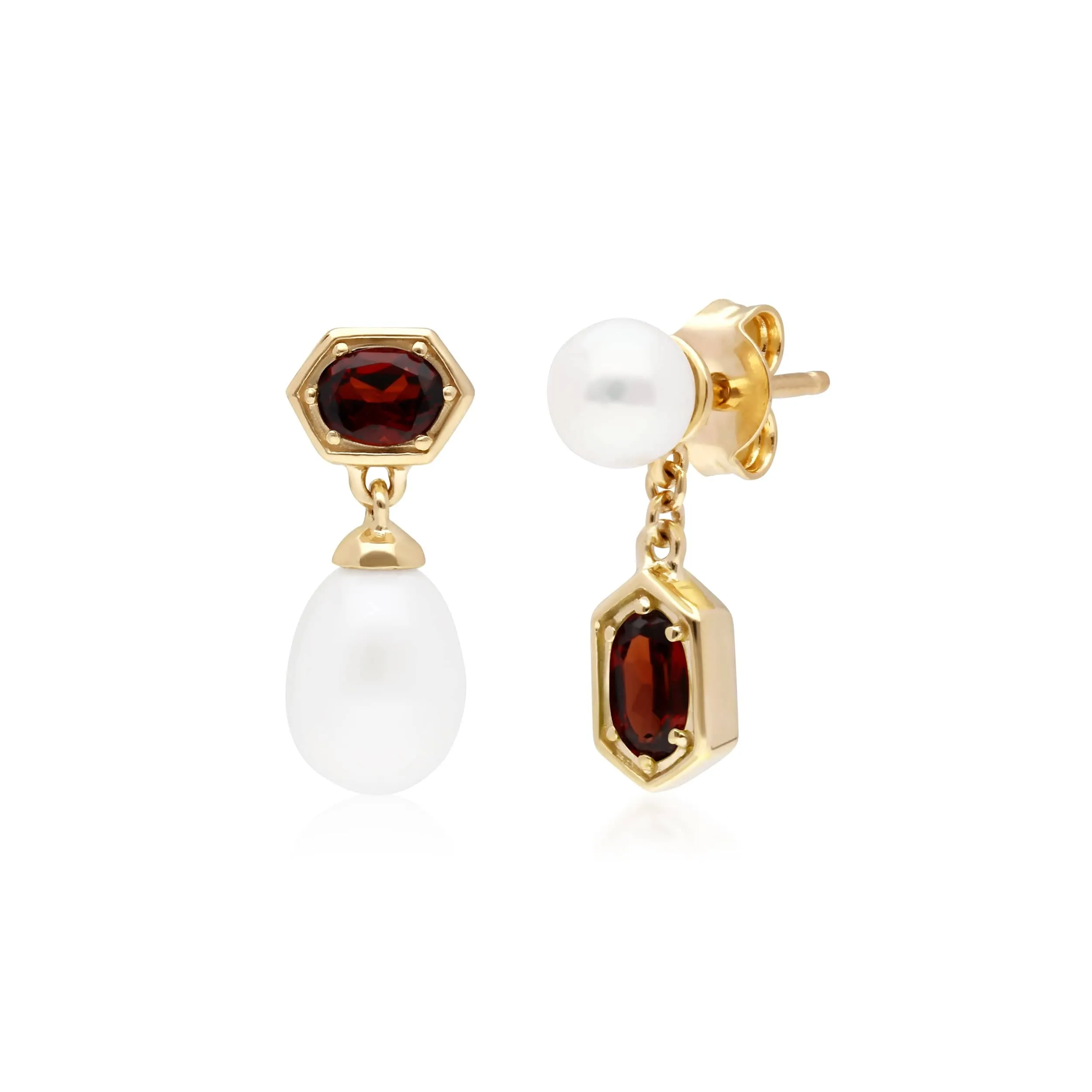 Modern Pearl & Garnet Mismatched Drop Earrings in Gold Plated Silver sold by Gemondo Jewellery