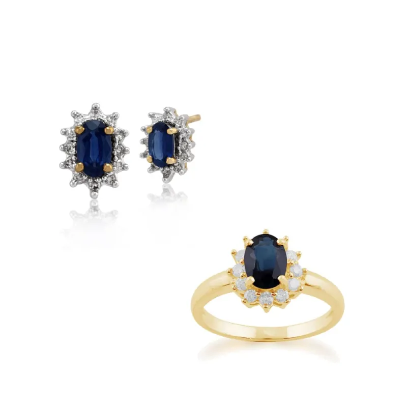 Classic Oval Sapphire & Diamond Halo Cluster Stud Earrings & Ring Set in 9ct Yellow Gold sold by Gemondo Jewellery