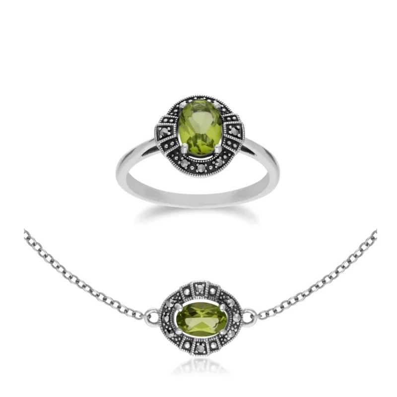 Art Deco Style Oval Peridot and Marcasite Cluster Ring & Bracelet Set in 925 Sterling Silver sold by Gemondo Jewellery