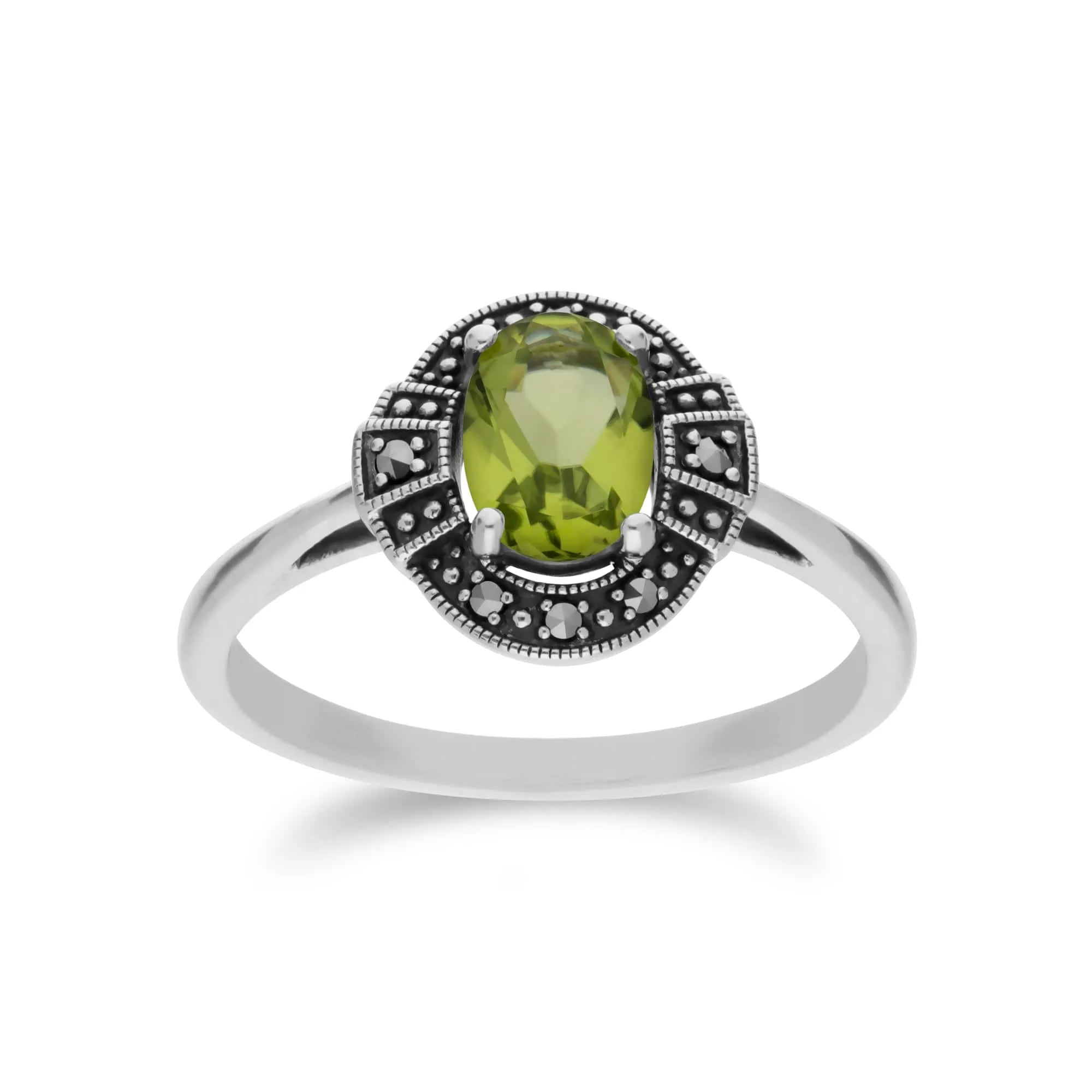 Art Deco Style Oval Peridot and Marcasite Cluster Ring & Bracelet Set in 925 Sterling Silver sold by Gemondo Jewellery product image thumbnail 3