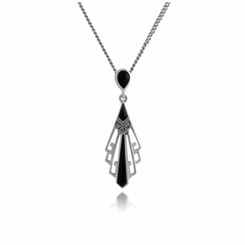Art Deco Style Black Onyx & Marcasite Open Work Fan Drop Necklace in 925 Sterling Silver sold by Gemondo Jewellery