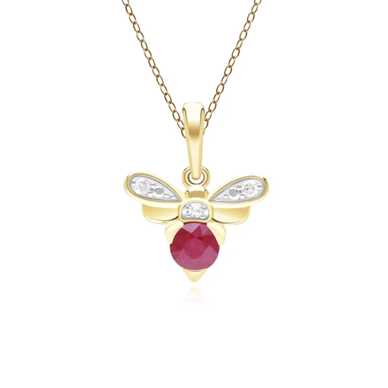 Honeycomb Inspired Ruby and Diamond Bee Pendant Necklace in 9ct Yellow Gold sold by Gemondo Jewellery