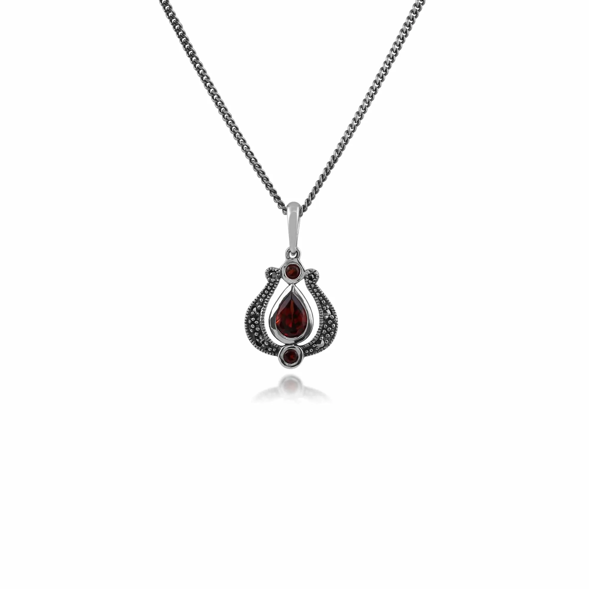 Art Nouveau Style Pear Garnet & Marcasite Floral Tulip Pendant in 925 Sterling Silver sold by Gemondo Jewellery