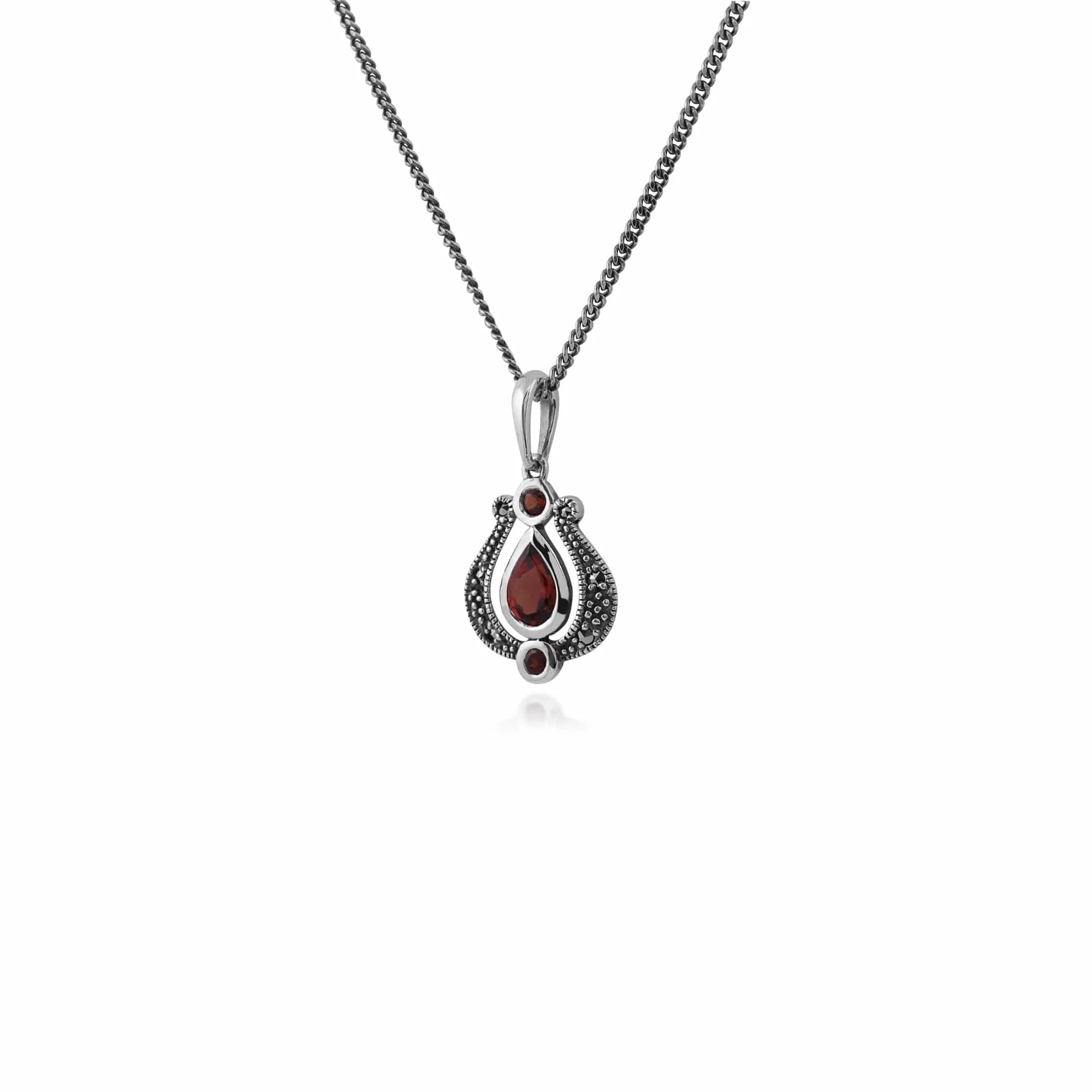 Art Nouveau Style Pear Garnet & Marcasite Floral Tulip Pendant in 925 Sterling Silver sold by Gemondo Jewellery product image thumbnail 2
