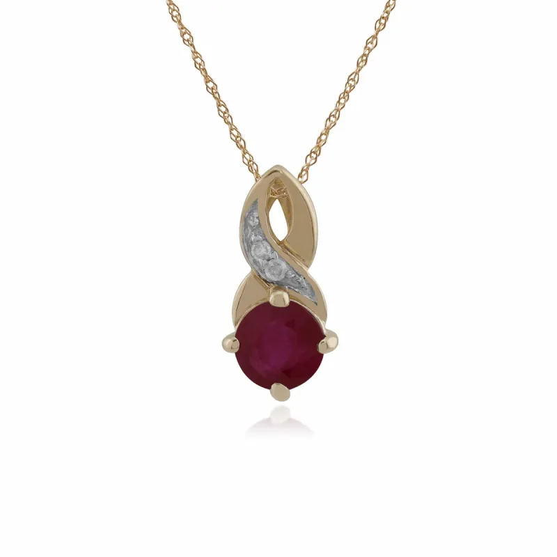 Classic Round Ruby & Diamond Twisted Bale Pendant in 9ct Yellow Gold sold by Gemondo Jewellery