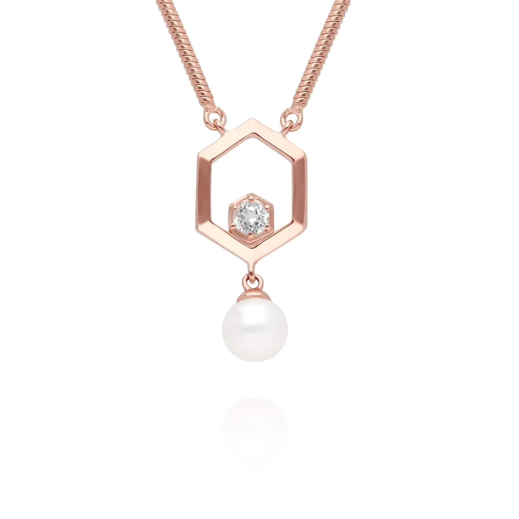 Modern Pearl & White Topaz Hexagon Drop Necklace in Rose Gold Plated Silver sold by Gemondo Jewellery