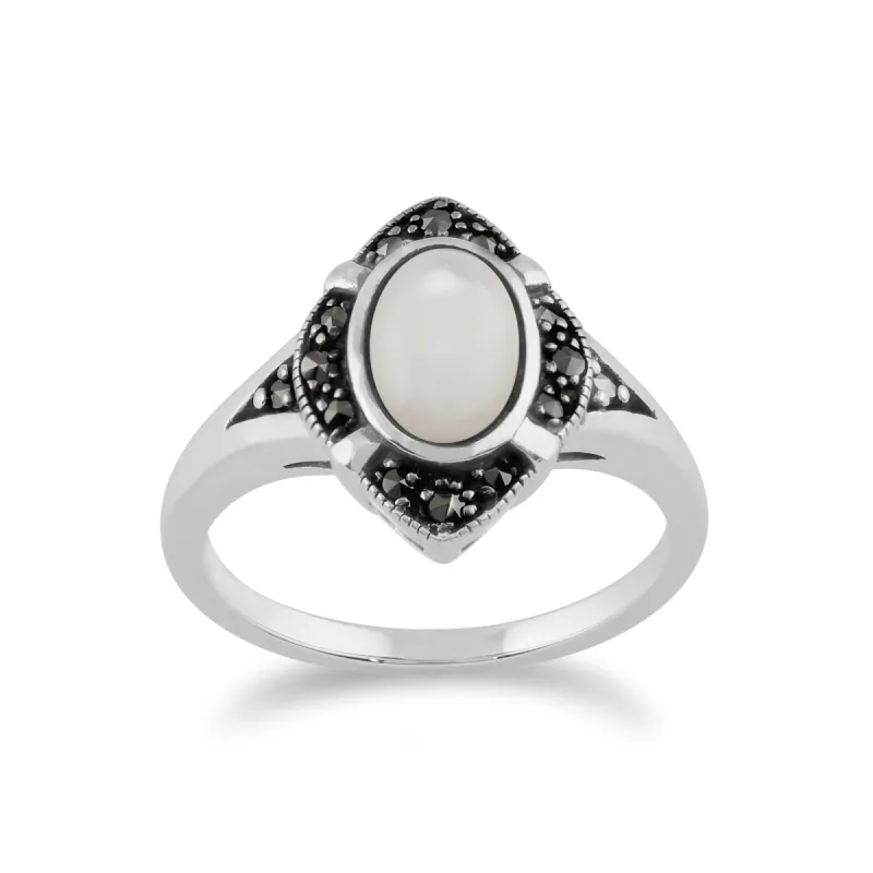 Gemondo 925 Sterling Silver 1.00ct Mother of Pearl & Marcasite Art Deco Ring sold by Gemondo Jewellery